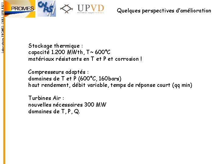 Laboratoire PROMES CNRS UPR 8521 Quelques perspectives d’amélioration Stockage thermique : capacité 1. 200