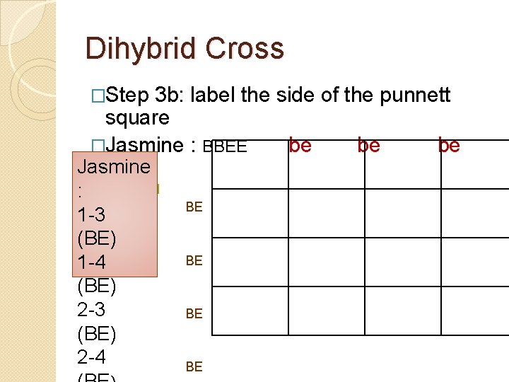 Dihybrid Cross �Step 3 b: label the side of the punnett square �Jasmine :