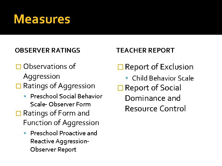 Measures OBSERVER RATINGS TEACHER REPORT � Observations of � Report of Exclusion Aggression �