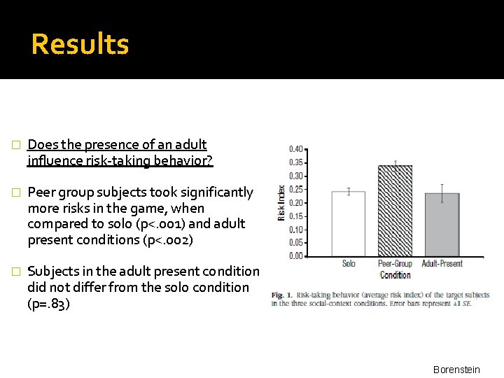 Results � Does the presence of an adult influence risk-taking behavior? � Peer group