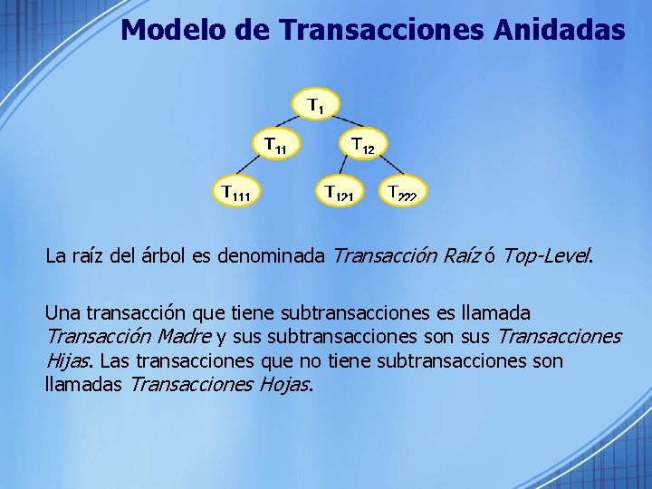 Modelo de Transacciones Anidadas La raíz del árbol es denominada Transacción Raíz ó Top-Level.