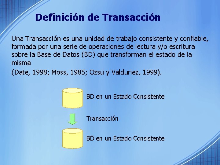 Definición de Transacción Una Transacción es una unidad de trabajo consistente y confiable, formada