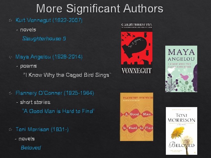 More Significant Authors Kurt Vonnegut (1922 -2007) - novels Slaughterhouse 5 Maya Angelou (1928