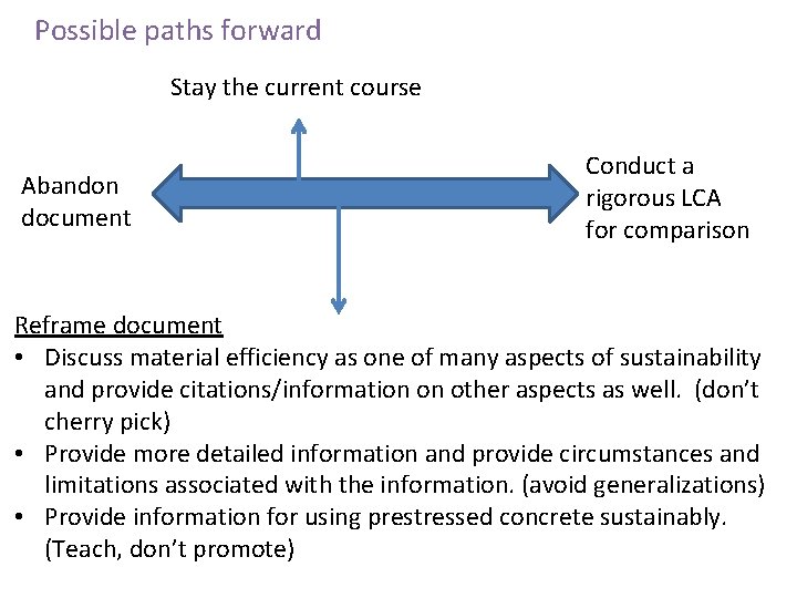 Possible paths forward Stay the current course Abandon document Conduct a rigorous LCA for