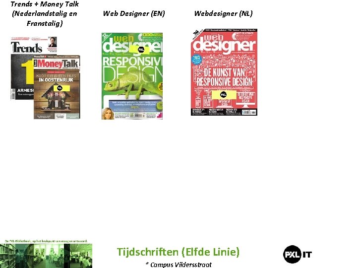 Trends + Money Talk (Nederlandstalig en Franstalig) Web Designer (EN) Webdesigner (NL) Tijdschriften (Elfde