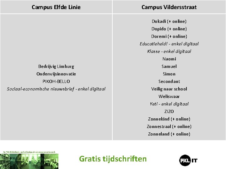 Campus Elfde Linie Campus Vildersstraat Dokadi (+ online) Dopido (+ online) Doremi (+ online)