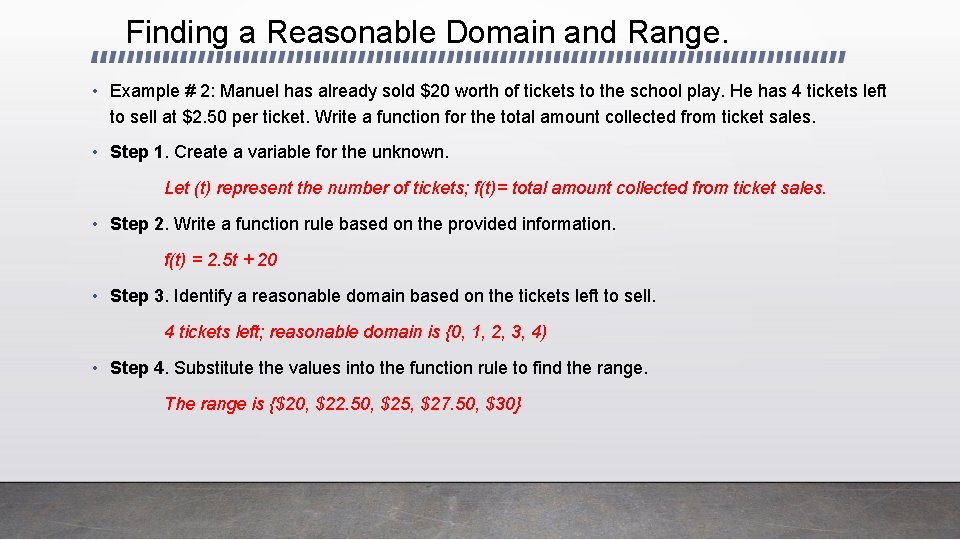 Finding a Reasonable Domain and Range. • Example # 2: Manuel has already sold Finding a Reasonable Domain and Range. • Example # 2: Manuel has already sold