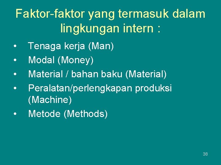 Faktor-faktor yang termasuk dalam lingkungan intern : • • • Tenaga kerja (Man) Modal