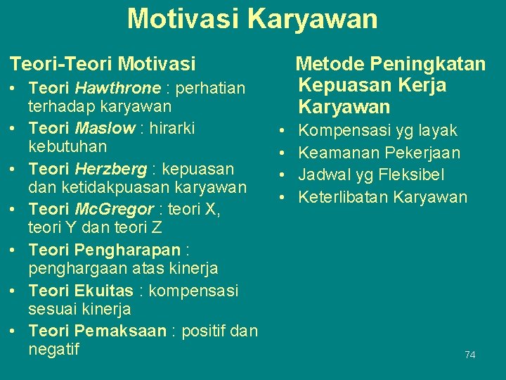 Motivasi Karyawan Metode Peningkatan Kepuasan Kerja Karyawan Teori-Teori Motivasi • Teori Hawthrone : perhatian