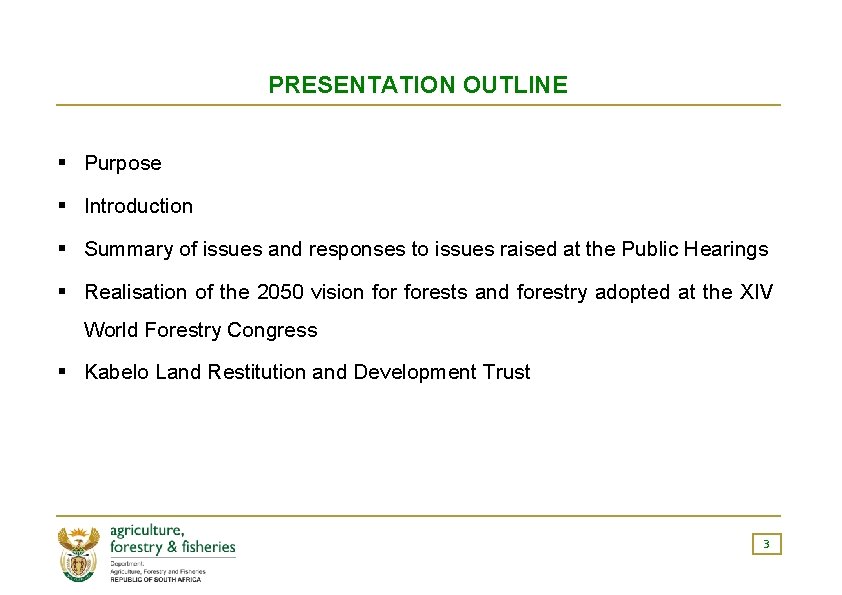 PRESENTATION OUTLINE Purpose Introduction Summary of issues and responses to issues raised at the