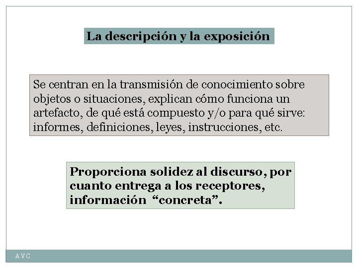 La descripción y la exposición Se centran en la transmisión de conocimiento sobre objetos