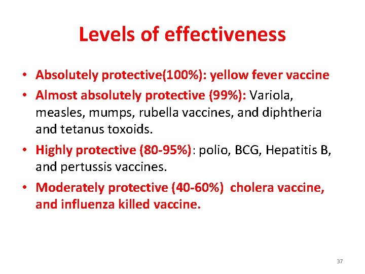 Levels of effectiveness • Absolutely protective(100%): yellow fever vaccine • Almost absolutely protective (99%):