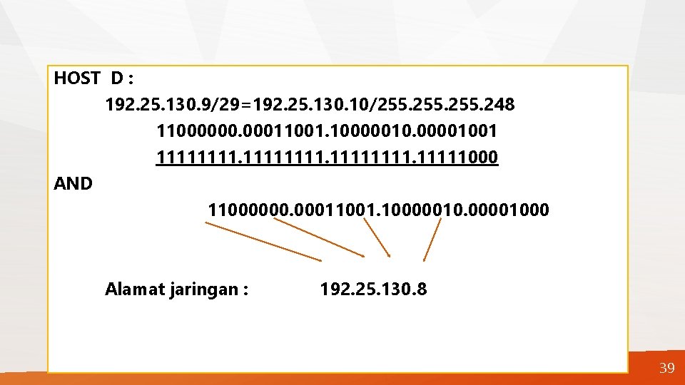 HOST D : 192. 25. 130. 9/29=192. 25. 130. 10/255. 248 11000000. 00011001. 1000001001