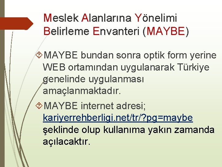 Meslek Alanlarına Yönelimi Belirleme Envanteri (MAYBE) MAYBE bundan sonra optik form yerine WEB ortamından