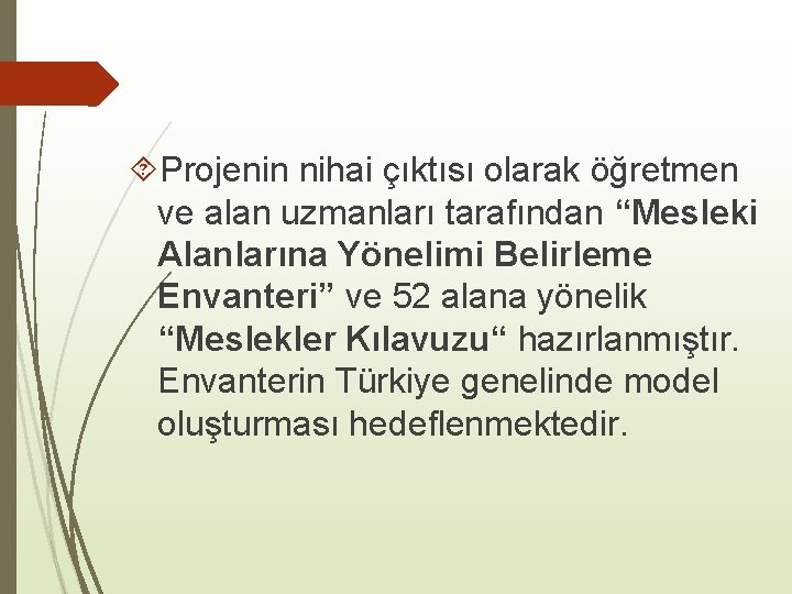  Projenin nihai çıktısı olarak öğretmen ve alan uzmanları tarafından “Mesleki Alanlarına Yönelimi Belirleme