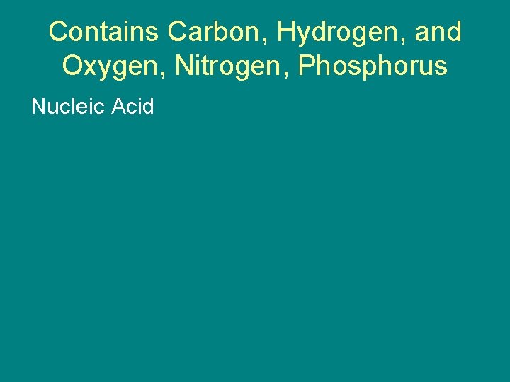 Contains Carbon, Hydrogen, and Oxygen, Nitrogen, Phosphorus Nucleic Acid 