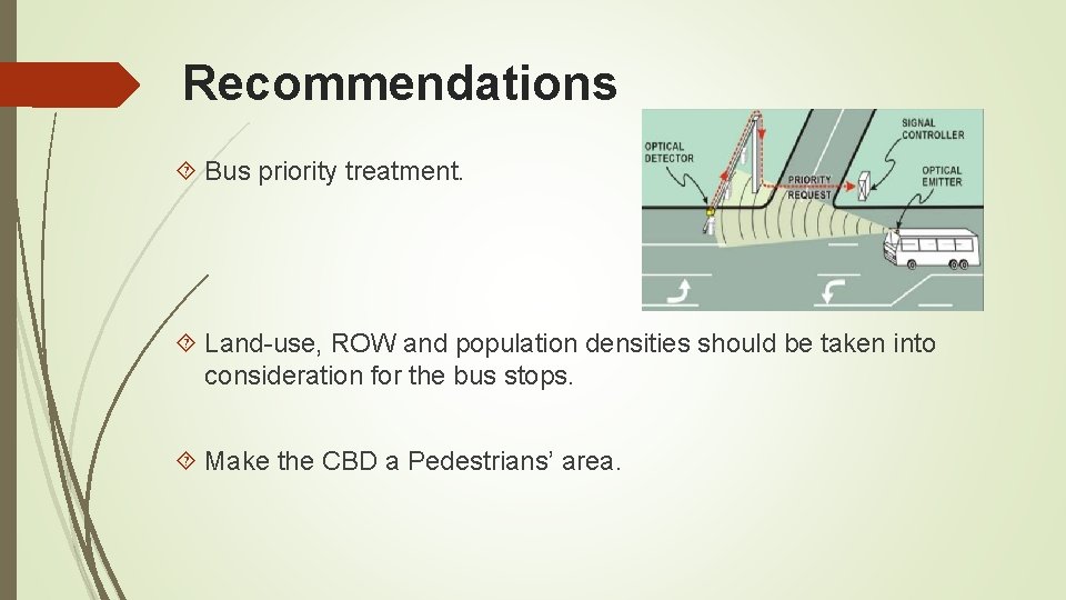 Recommendations Bus priority treatment. Land-use, ROW and population densities should be taken into consideration