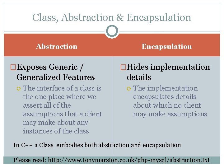 Class, Abstraction & Encapsulation Abstraction �Exposes Generic / Generalized Features The interface of a