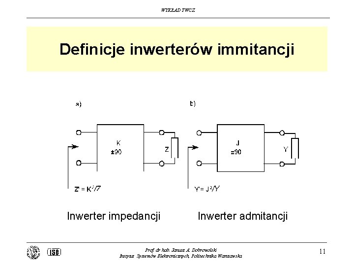 WYKŁAD TWCZ Definicje inwerterów immitancji Inwerter impedancji Inwerter admitancji Prof. dr hab. Janusz A.