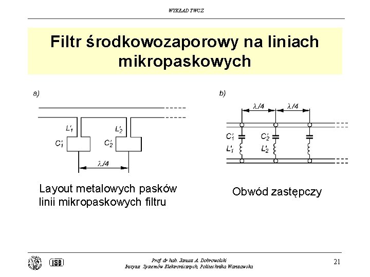 WYKŁAD TWCZ Filtr środkowozaporowy na liniach mikropaskowych Layout metalowych pasków linii mikropaskowych filtru Obwód