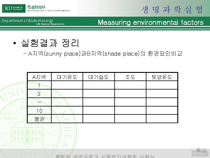 생명과학실험 Department of Biotechnology Life Science Experiments Measuring environmental factors • 실험결과 정리 –