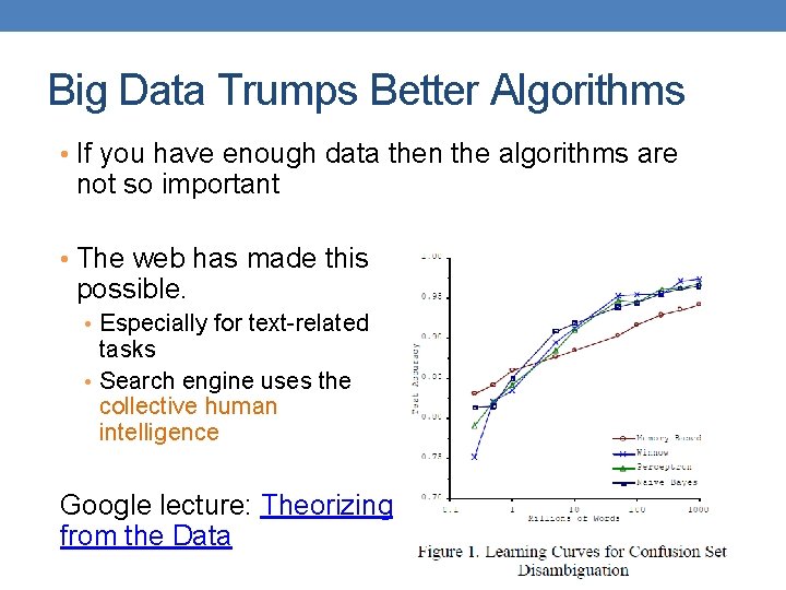 Big Data Trumps Better Algorithms • If you have enough data then the algorithms