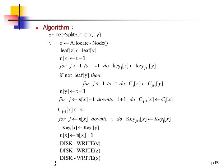 n Algorithm： B-Tree-Split-Child(x, I, y) { } p 15. 