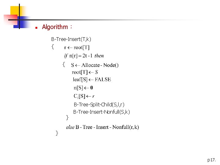 n Algorithm： B-Tree-Insert(T, k) { { } B-Tree-Split-Child(S, l, r) B-Tree-Insert-Nonfull(S, k) } p