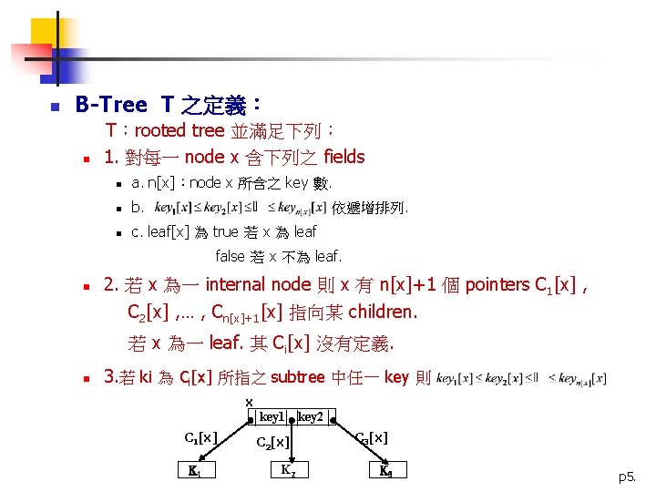 n B-Tree T 之定義： n T：rooted tree 並滿足下列： 1. 對每一 node x 含下列之 fields