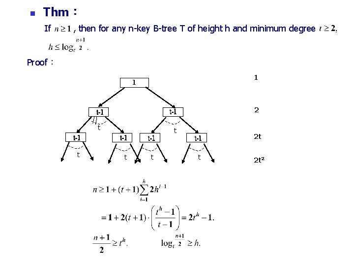 n Thm： If , then for any n-key B-tree T of height h and