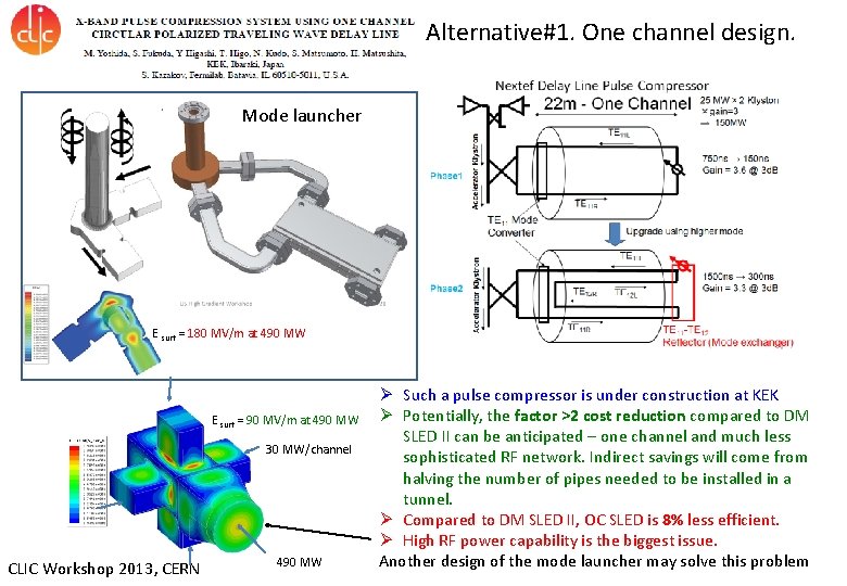 Alternative#1. One channel design. Mode launcher E surf = 180 MV/m at 490 MW