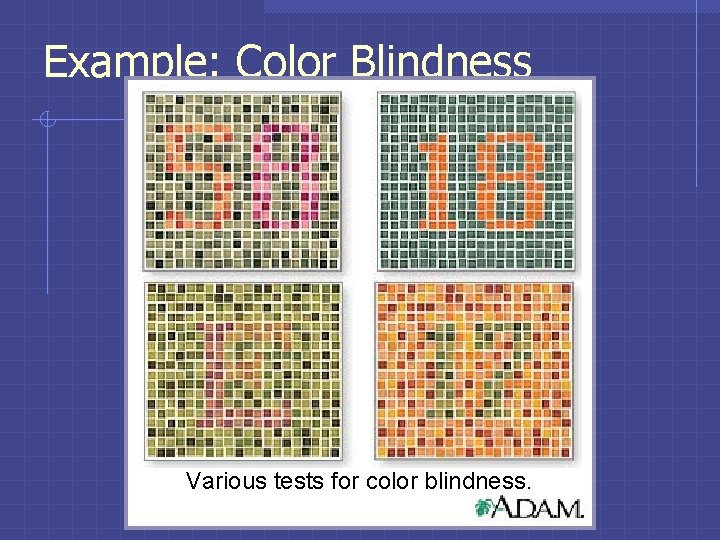 Example: Color Blindness Various tests for color blindness. 