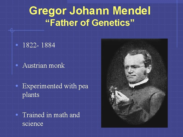 Gregor Johann Mendel “Father of Genetics” • 1822 - 1884 • Austrian monk •