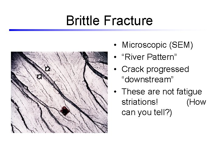 Brittle Fracture • Microscopic (SEM) • “River Pattern” • Crack progressed “downstream” • These