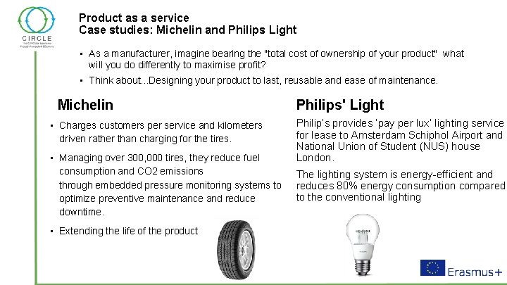 Product as a service Case studies: Michelin and Philips Light • As a manufacturer,