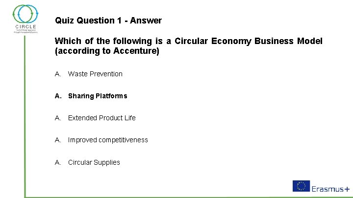 Quiz Question 1 - Answer Which of the following is a Circular Economy Business