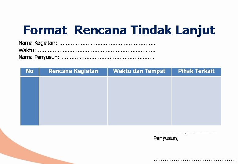 Format Rencana Tindak Lanjut Nama Kegiatan: . . . Waktu: . . . .