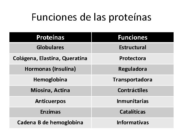 Funciones de las proteínas Proteínas Funciones Globulares Estructural Colágena, Elastina, Queratina Protectora Hormonas (Insulina)