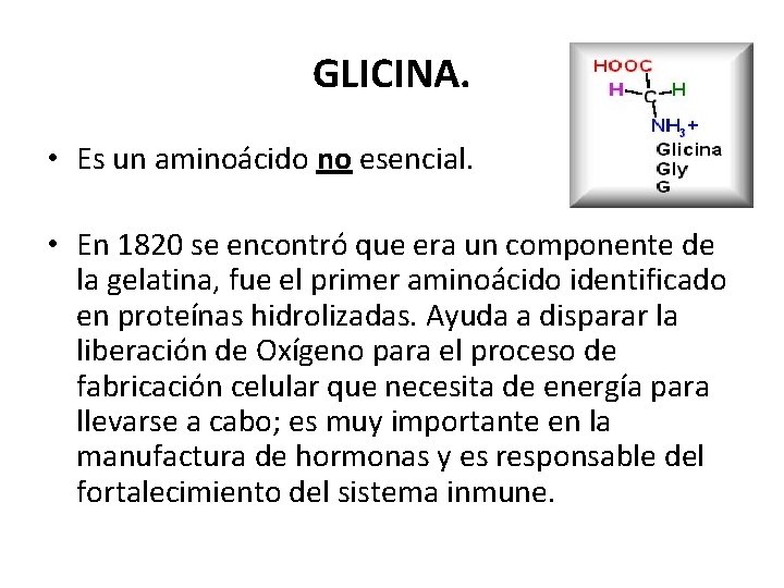 GLICINA. • Es un aminoácido no esencial. • En 1820 se encontró que era