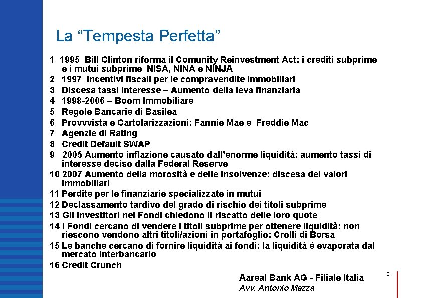 La “Tempesta Perfetta” 1 1995 Bill Clinton riforma il Comunity Reinvestment Act: i crediti