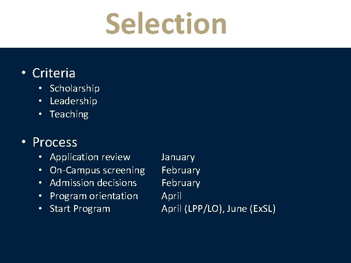 Selection • Criteria • Scholarship • Leadership • Teaching • Process • • •