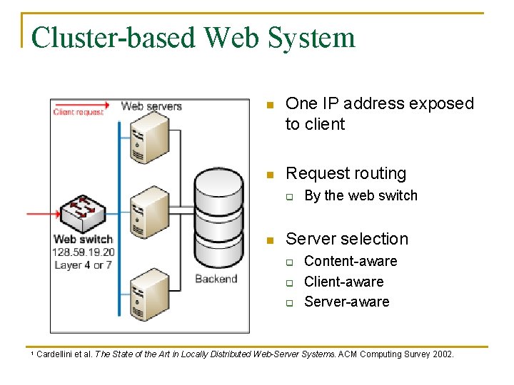 Cluster-based Web System n One IP address exposed to client n Request routing q