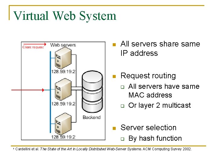 Virtual Web System n All servers share same IP address n Request routing q