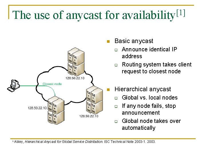 The use of anycast for availability[1] n Basic anycast q q n Hierarchical anycast