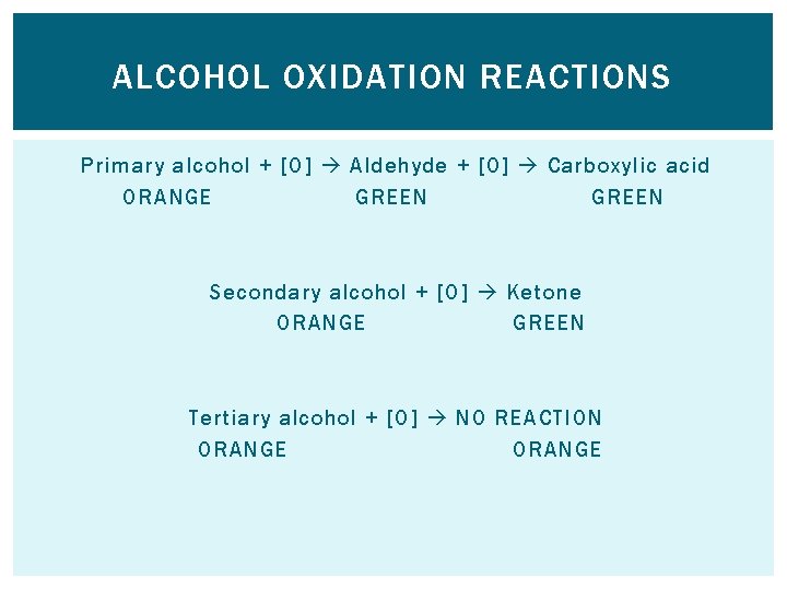 ALCOHOL OXIDATION REACTIONS Primary alcohol + [O] Aldehyde + [O] Carboxylic acid ORANGE GREEN