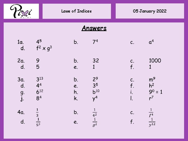 05 January 2022 Laws of Indices Lesson Objectives