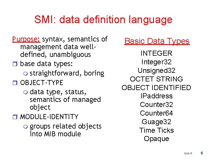 SMI: data definition language Purpose: syntax, semantics of management data welldefined, unambiguous r base