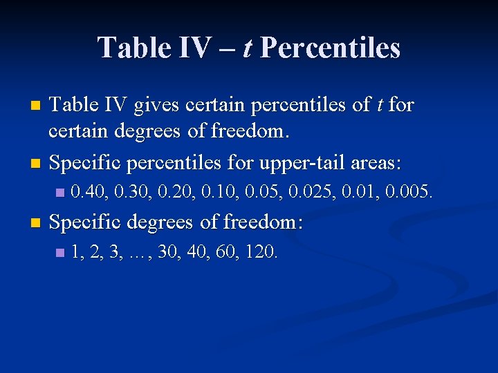 Table IV – t Percentiles Table IV gives certain percentiles of t for certain