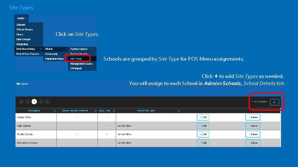 Site Types Click on Site Types. Schools are grouped by Site Type for POS