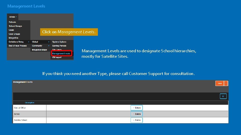 Management Levels Click on Management Levels are used to designate School hierarchies, mostly for